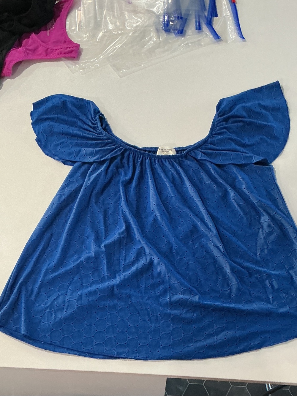 Kim & Cami Royal Blue Off-Shoulder Flutter Sleeve Tunic
